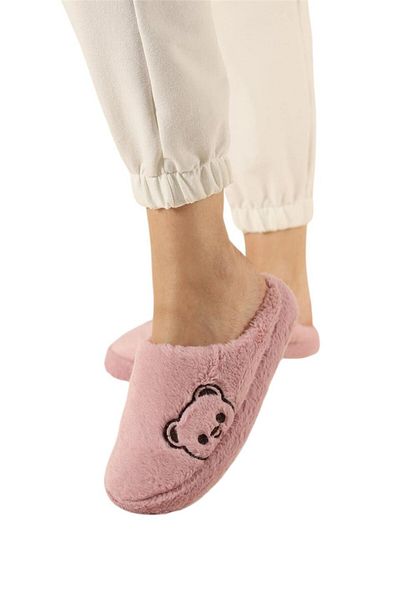 Liger Plush Women's House Slippers - Closed Front, Teddy Bear Printed, Pink