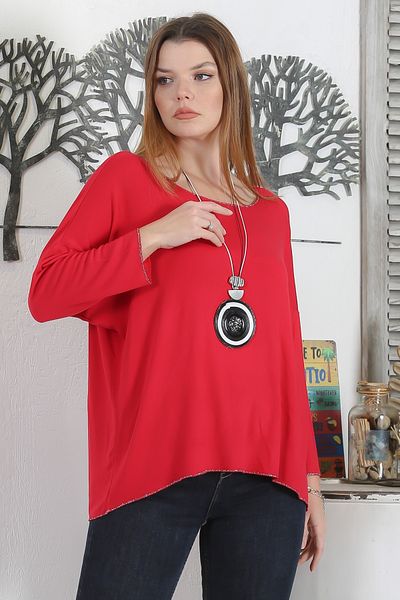Chiccy Bluză tricotată cu guler de culoare rodie, cu mânecă lungă, guler și tiv Lurex, cu șnur