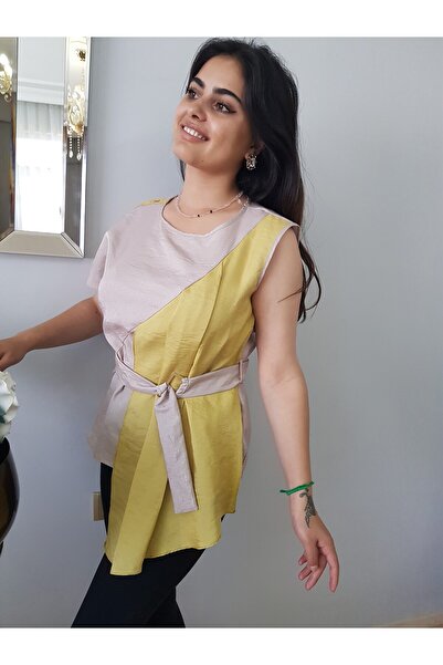 FERGAN KADIN BEJ SAFRAN PAMUK SATEN ASİMETRİK BEL KEMERLİ ÖZEL TASARIM BLUZ