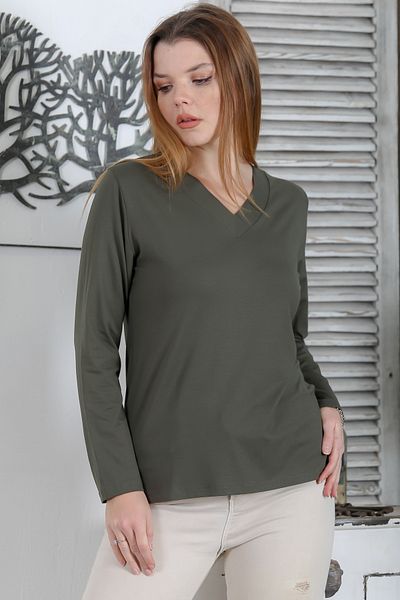 Chiccy Σκούρο Χακί με λαιμόκοψη V μακρυμάνικο Casual Basic πλεκτή μπλούζα