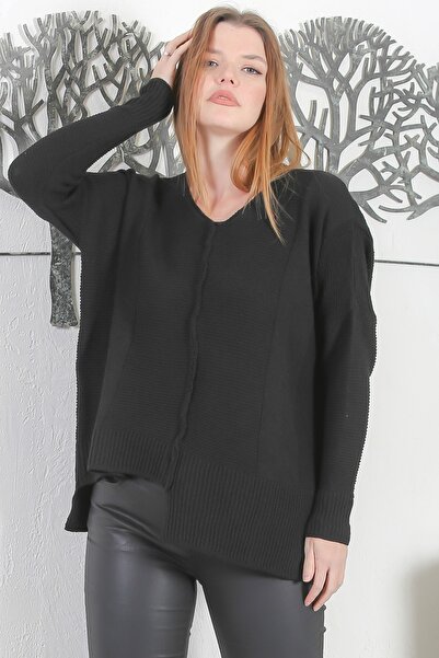 Chiccy Italian Black V-Neck Long Sleeve Casual Asymmetrical Oversize Knitwear Sweater