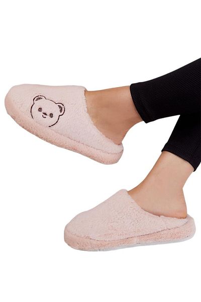 Liger Teddy Bear Printed Plush Women's House Slippers - Closed Front Powder