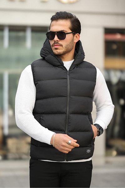 Last fashion Nepremokavá čierna nafukovacia vesta s kapucňou