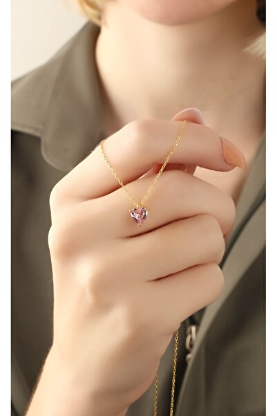 LİNOVE JEWELLERY Gümüş pembe taşlı Kalp Kolye, 925 ayar gümüş üzeri 14K altın...