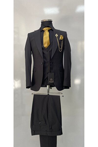 Milano Slim Fit Erkek Dokulu Yelekli Takım Elbise
