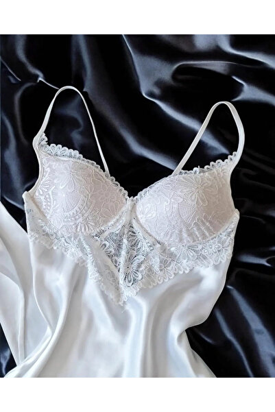 cdh çeyize dair herşey 6 Pieces Silk Satin Ecru Sleepwear Nightgown Bridal Set - 6769