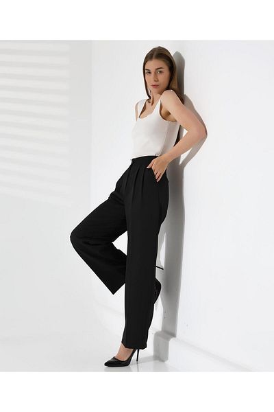 aytenli Front Pleated High Waist Wide Leg Pocket Double Fabric Trousers