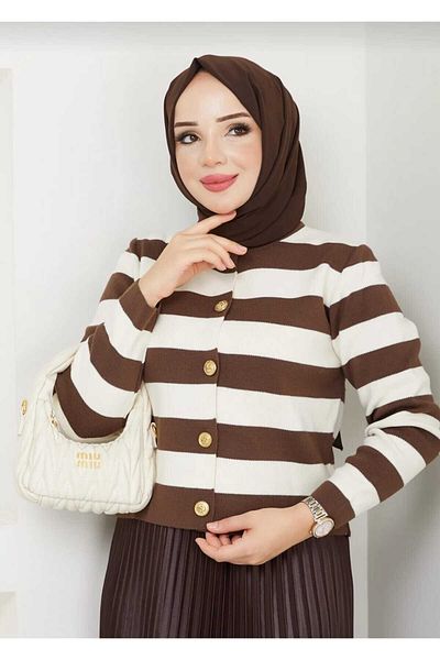 MODA VEDAT Women's Button Detailed Streifened Cardigan