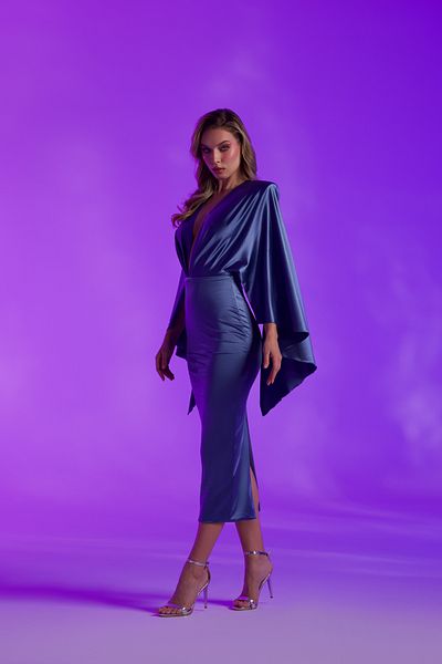 Gira official Dark Blue Saten Wide Sleeve Midi Dress