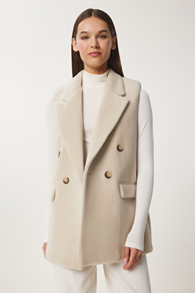 Lovelyİstanbul Μάλλινο εφέ Boyfriend Stamp Γιλέκο ΚΡΕΜΑ LHL0004