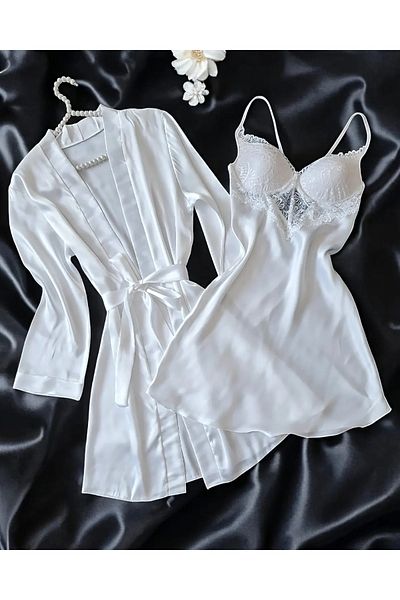 cdh çeyize dair herşey 6 Pieces Silk Satin Ecru Sleepwear Nightgown Bridal Set - 6769