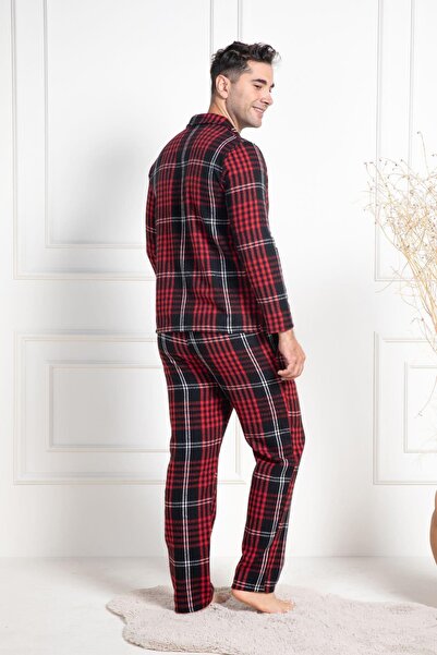 Mecit Pijama Mecit 2950 Red Plaid Plus Size Winter Men's Pajamas Set