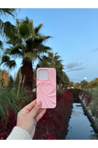IPHONE 15 PRO KALP DESENLİ PEMBE KABARTMALI KILIF