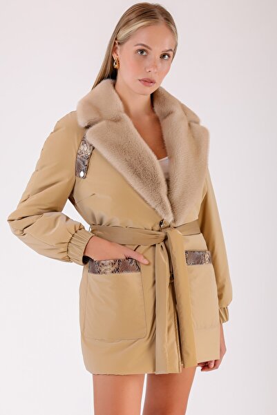 Leather Club Bej Kürk Aksesuarlı Deri Garnili Puffer Kaban