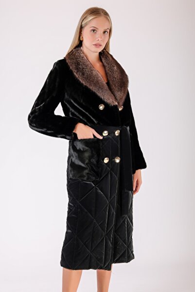 Leather Club Siyah Fox Kürk Aksesuarlı Yün Kaban