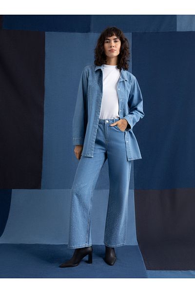 Refka Refka - Pantaloni din denim cu detalii de piatră albastru închis