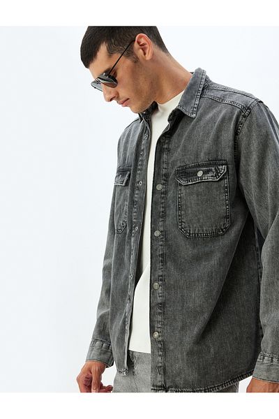 Koton Baumwoll-Langarm-Jeanshemd-Jacke – Kappe mit Taschendetail