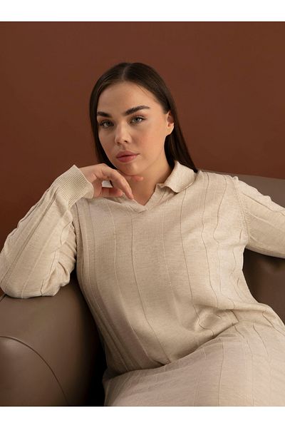 ALİA Polo Neck Plus Size Knitwear Hijab Φόρεμα - Μπεζ - Alia