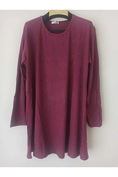 Noname Woolviscose Fabric - Stone Detailed Mother's Tunic with Crew Neck Slit / Combed Cotton