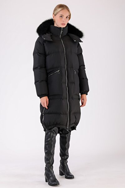 Leather Club Siyah Kürk Aksesuarlı Su Geçirmez Puffer Kaban