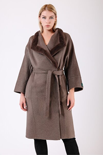 Leather Club Kahve Mink Kürk Aksesuarlı Alpaka Yün Kaban