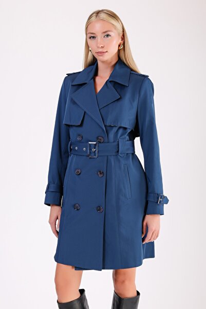 Leather Club Lacivert Su Geçirmez Fiber Trench Kaban