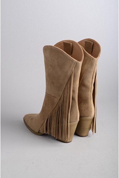 SEÇ KUNDURA SEÇ 55060 HAKİKİ DERİ PÜSKÜLLÜ TOPUKLU KADIN ÇİZME (Topuk Boyu:8 cm) VİZON SÜET