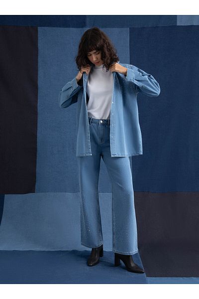 Refka Refka - Pantaloni din denim cu detalii de piatră albastru închis