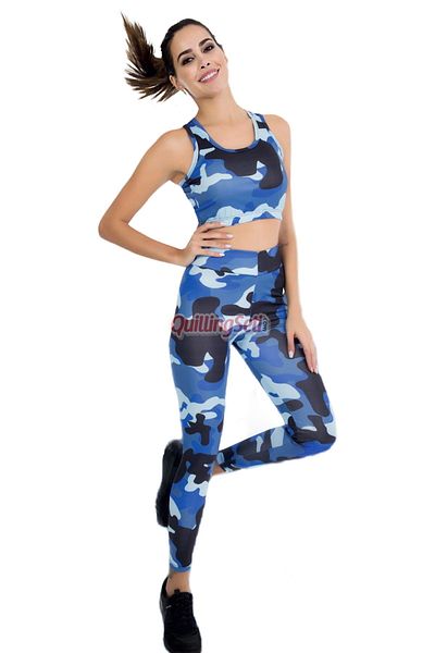 quilling Culoare albastră Camuflaj Model Lady 3034 Elastic și confortabil Colanți lungi pentru femei Bustieră Costum sportiv