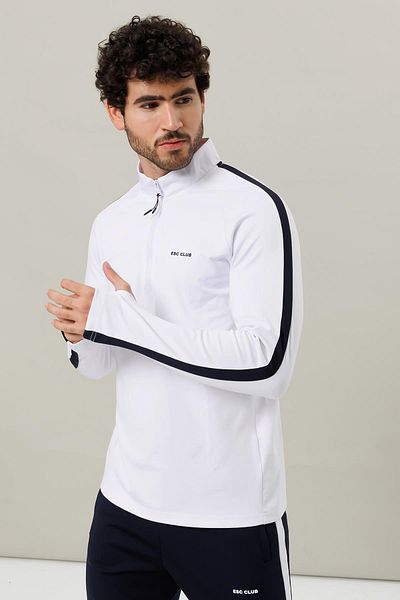 Escetic White 2 Pockets Stand Collar 4 Seasons Micro Raised Diver Fabric Slimfit Men's Tracksuit Set A31