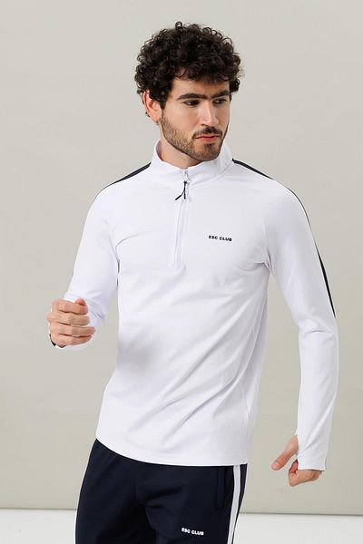 Escetic White 2 Pockets Stand Collar 4 Seasons Micro Raised Diver Fabric Slimfit Men's Tracksuit Set A31