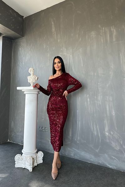 kamacibutik One Shoulder Open Sequin Sequin Dress