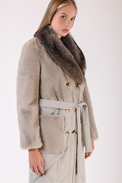 Leather Club Bej Fox Kürk Aksesuarlı Yün Kaban