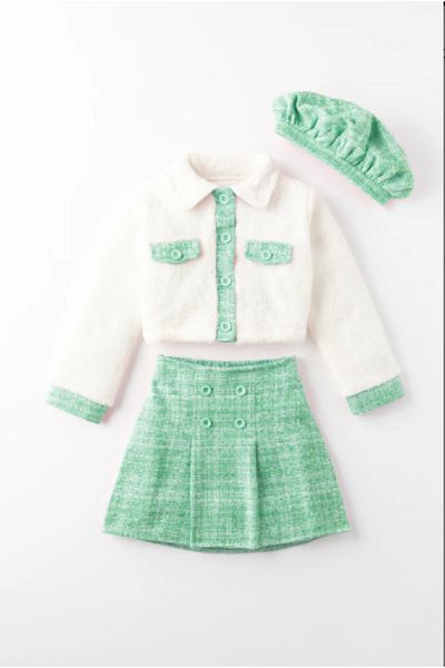 MeaShop Welsoft Plush Cardigan Plaid Skirt French Painter Hat Triple Girl's Suit