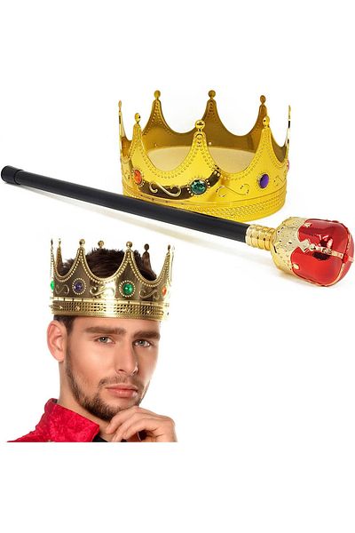 Mu Art Gold Color 60 cm King Crown Royal Crown and King Scepter Set with Red Bun (4767)