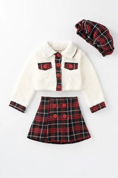 MeaShop Welsoft Girl's Triple Plaid Skirt and Plush Cardigan Painter Hat t