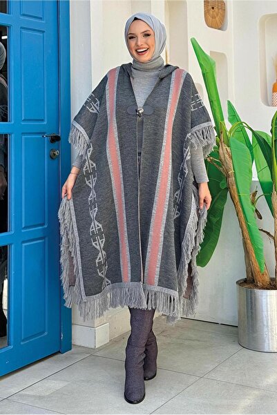 TRENDTESETTÜR Women's Gray (Smoked) Ethnic Patterned Knitting Panchoes t 22021