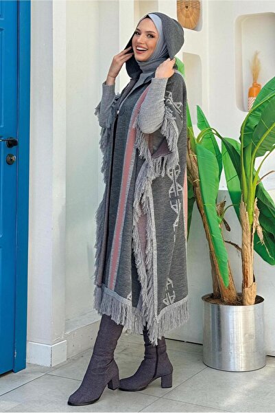 TRENDTESETTÜR Women's Gray (Smoked) Ethnic Patterned Knitting Panchoes t 22021