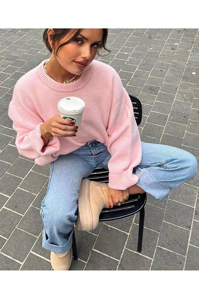 La Saade Pink Crew Neck Oversize Knitwear Sweater