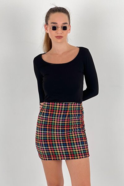 Miss Poem Women's High Waist Square Print Red Super Mini Skirt