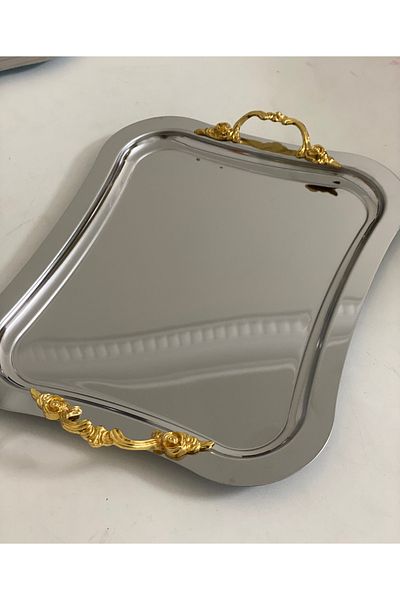 Elzemm store Stainless Steel Italian Serving and Presentation Tray with Large Wavy Handles 1 Piece