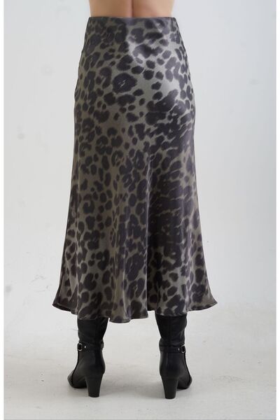 Zelish My Sister Fusta din satin cu model leopard kaki