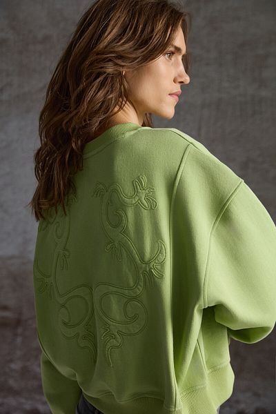 GRIMELANGE Fann Women's Embroidery Detailed Soft Fabric Knitted 3 Thread Organic Cotton Light Green Sweatshirt