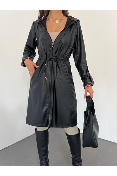 Modamorfo Hooded Leather Cap with Folded Sleeves and Lace Waist