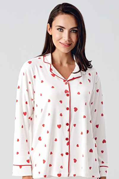 Artış Thermal Long Sleeve Buttoned Heart Pattern Stretchy Soft Textured Maternity Pajamas Suit