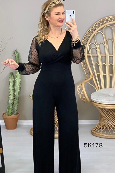 İnce Topuk Double Breasted Collar Sleeves Tulle Detail Jumpsuit 5K178