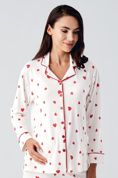Artış Thermal Long Sleeve Buttoned Heart Pattern Stretchy Soft Textured Maternity Pajamas Suit