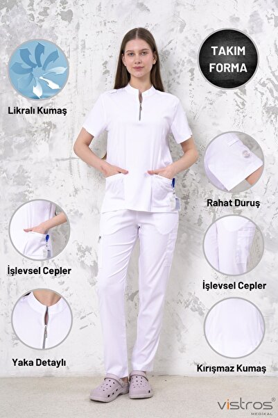 Vistros Medikal Lüks Dik Yaka Yüksek Kaliteli Likralı Beyaz Scrubs Hemşire Doktor Üniforma (Alt-Üst) V-010