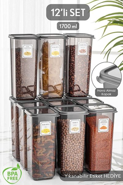 Meleni Home 12-Piece Jumbo Size Elisa Labeled Square Food Storage Container with Lid Anthracite 12 X 1.70 Lt Pulses Container
