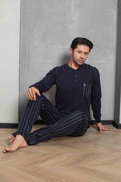 Tarık Men's Navy Blue Striped and Pocketed Long Sleeve Combed Cotton Fabric Pajamas Set